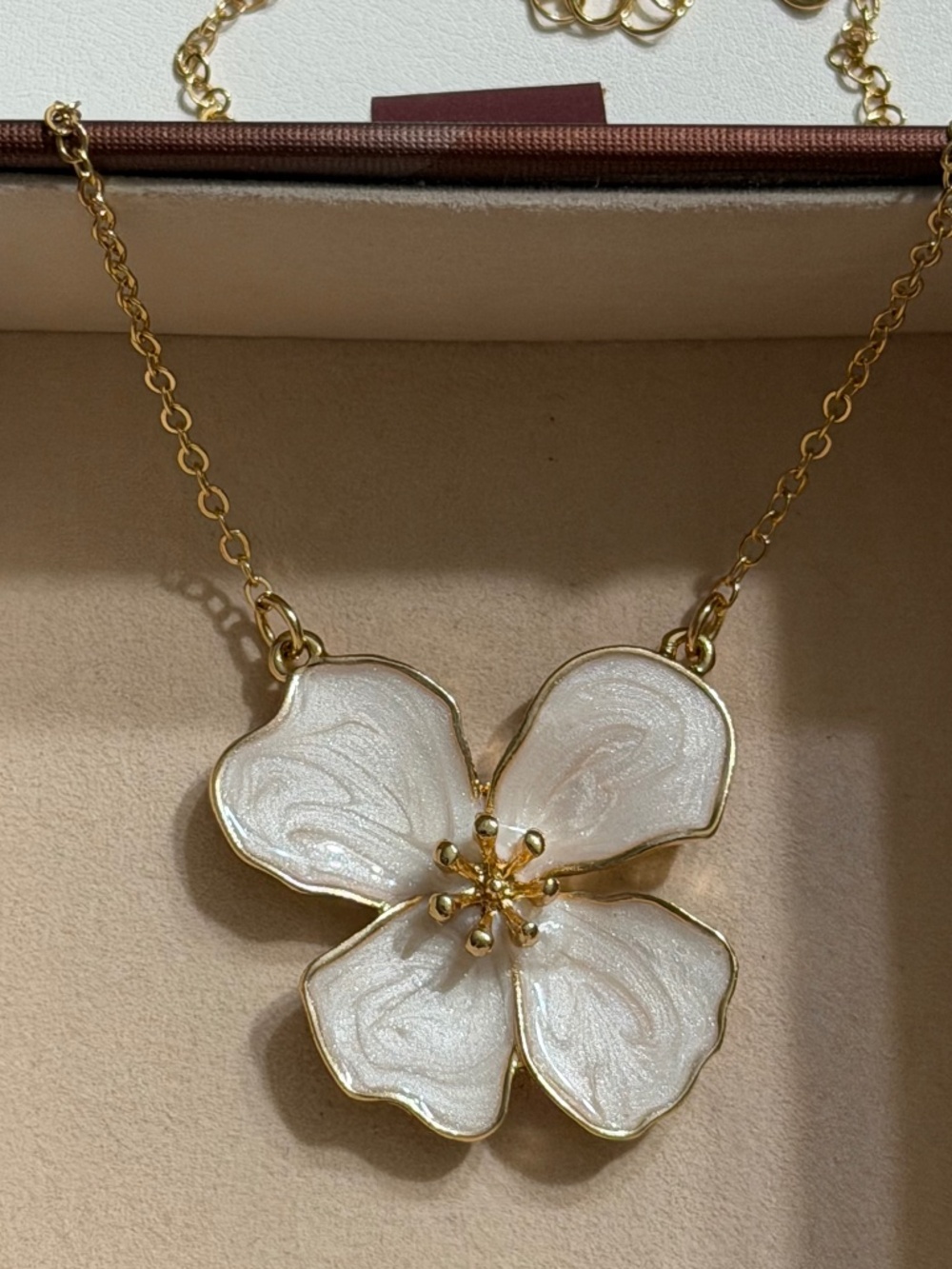 Golden Ivory White Asymmetrical 4-Petal Flower Enamel Statement Pendant Necklace